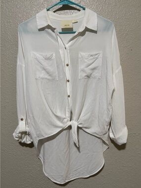 Anthropologie Maeve White Tie Front Button Down Collar Top Women’s Sz S High Low